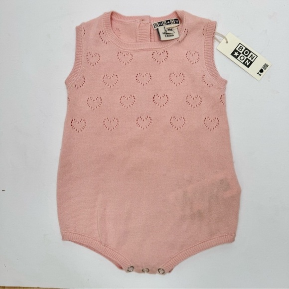 NWT BONTON Paris Baby Romper Rose Pink Heart Cotton Knit Size 3M - Picture 15 of 16